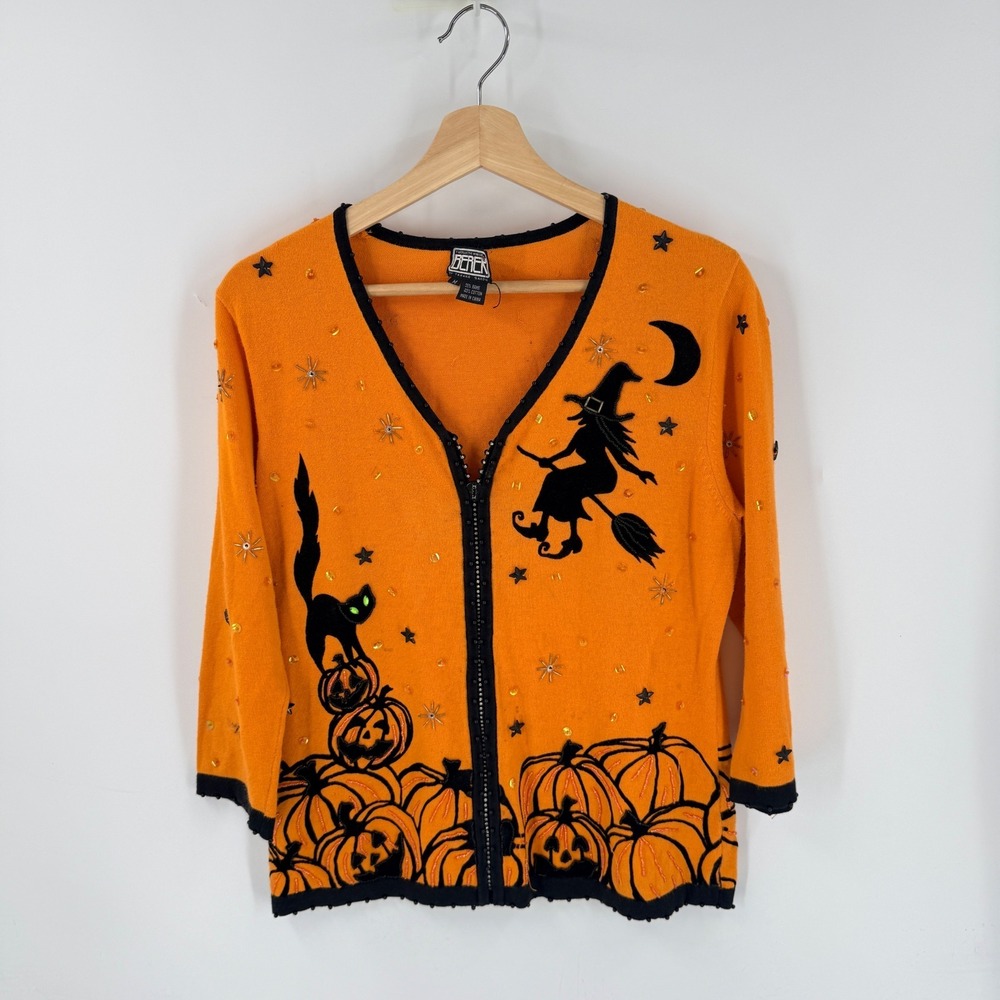 Vintage Berek Halloween Zip Up Sweater Orange Medium Witch Pumpkin Cat Festive